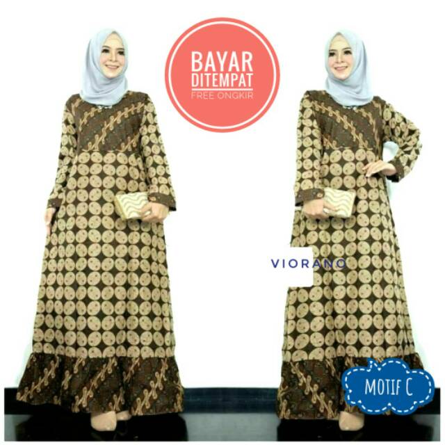 Longdress Batik Wanita Muslimah Model Rempel Katun / Gamis Batik Muslimah Fit XL Resleting Depan