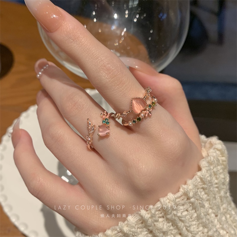 AY(CN) Cincin Model Terbuka Bentuk Hati Aksen Mutiara Dan Bunga Warna Pink Untuk Wanita