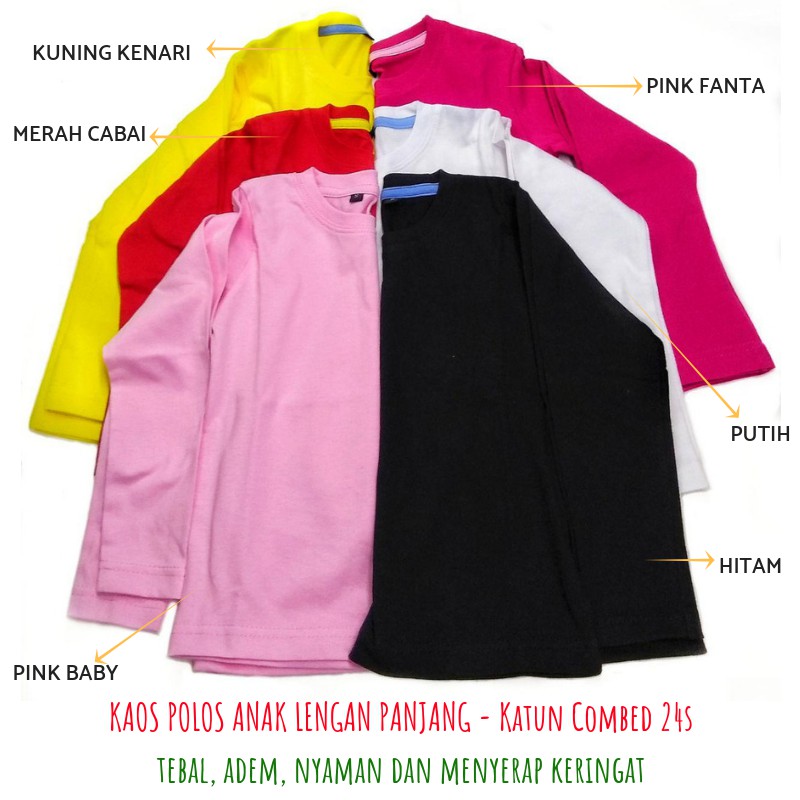 Garansi Kaos Anak Polos Lengan Panjang Laki Perempuan Katun Combed 24s Hitam Putih Kuning Merah