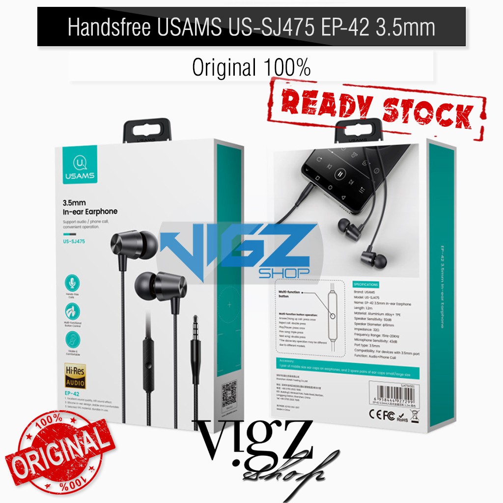 USAMS EP-42 Audio Jack 3.5mm Metal In-ear Earphone 1.2m Black Original