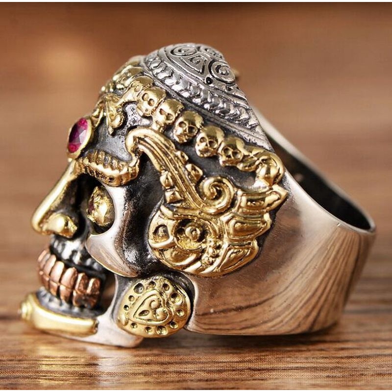 SEUSUK  Cincin Stainless Steel Motif Kepala Tengkorak Warna Gold untuk Pria