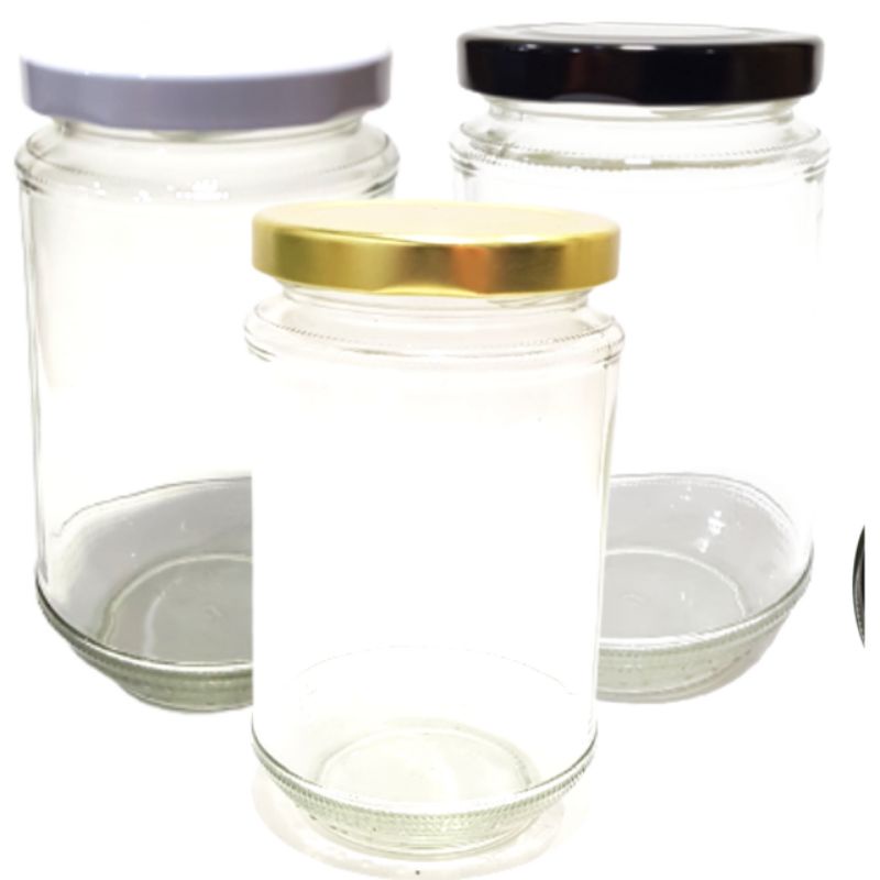 330ML BOTOL KACA  SILINDER JAR TOPLES KACA 330ML + TUTUP GOLD , TUTUP PUTIH , TUTUP HITAM jkt