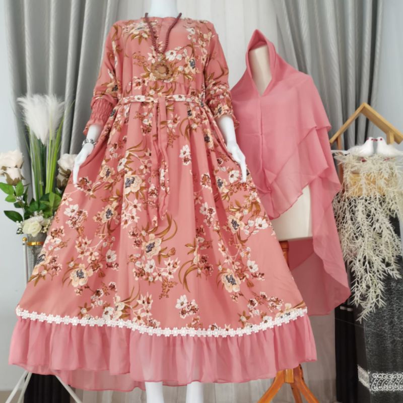 set hijab Monalisa renda kecil motif bunga kecil