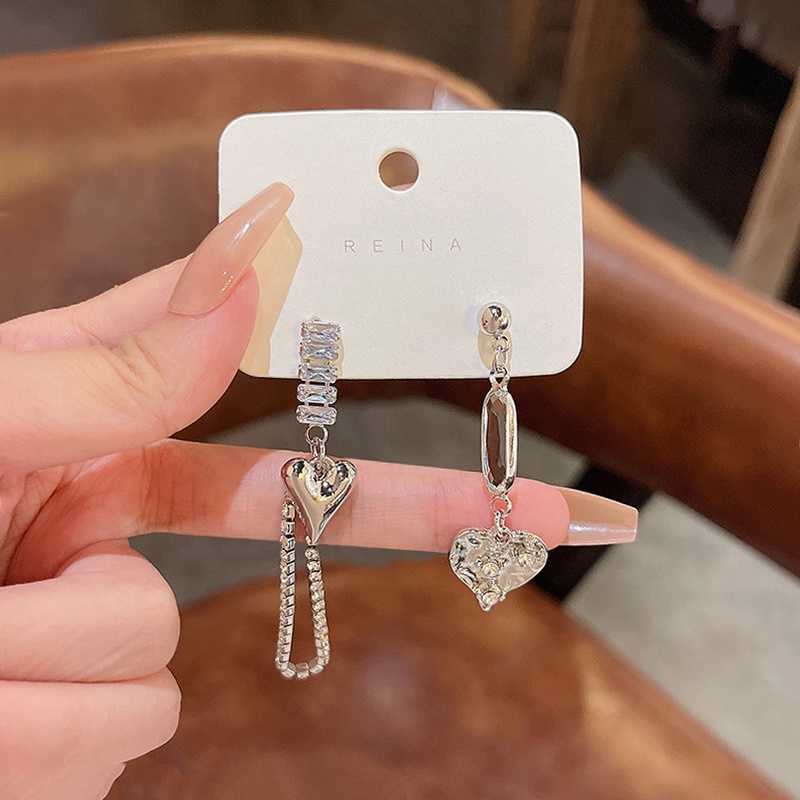 Anting Tusuk Sterling silver 925 Desain Hati Asimetris Hias Kristal Zircon Mewah Untuk Wanita