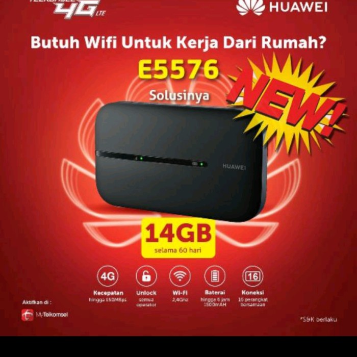 Mifi Router Modem Wifi 4G Huawei E5576 Telkomsel Unlock Free 14Gb Ori