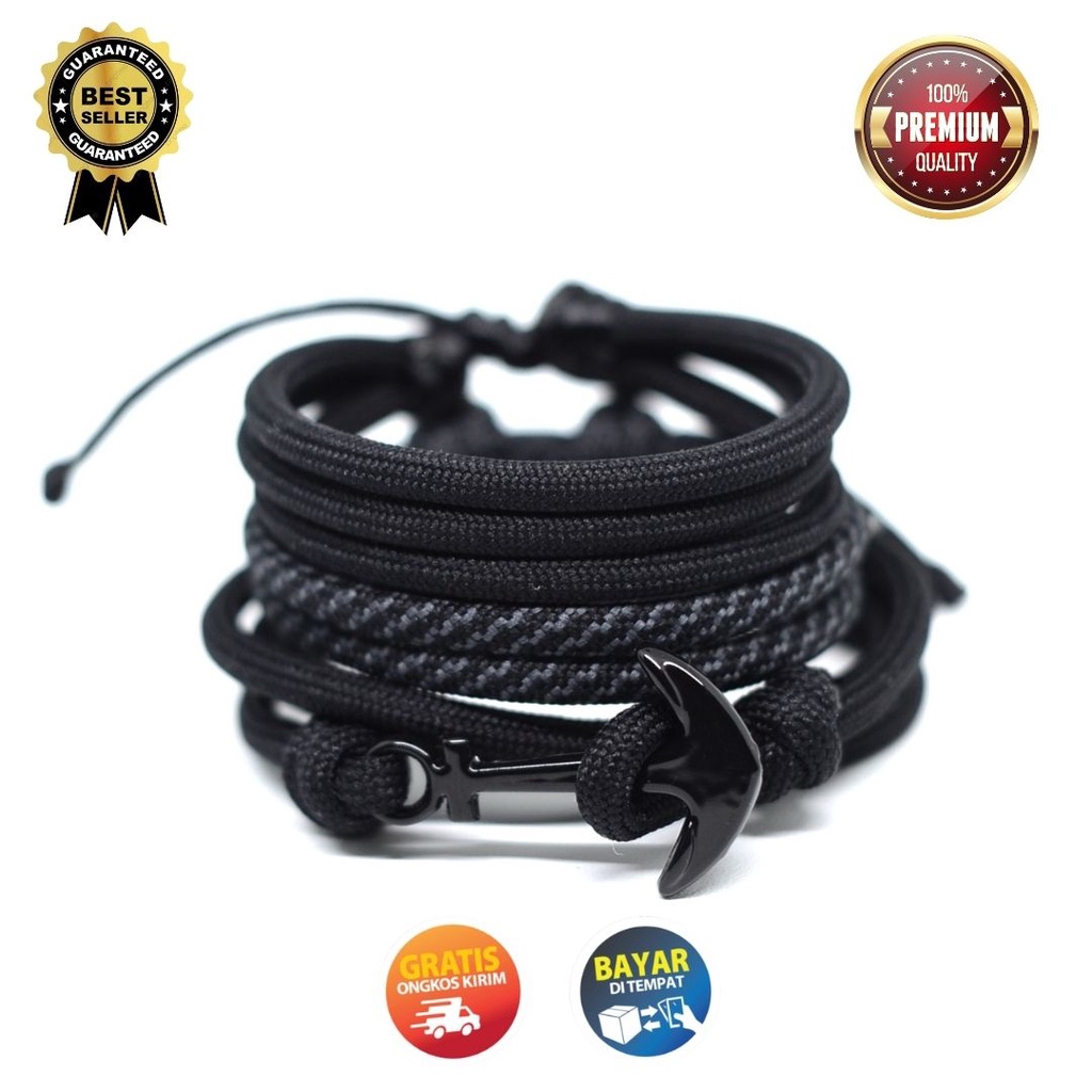 Gelang Pria Satu Paket Jangkar Tali Paracord Hitam Polos Bracelet Cowok BG17