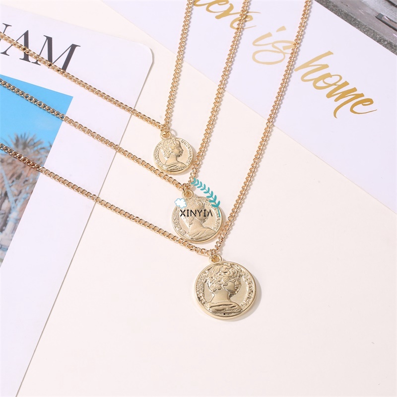 Kalung Rantai Multilayer Liontin Rantai Sweater Boho Koin Gold / Silver Untuk Wanita