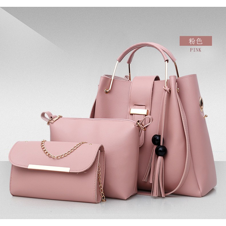 BJ23015 (3IN1) - BLACK/BROWN/GRAY/PINK/RED - TAS SLEMPANG JINJING TOTEBAG HANDBAG FREE POUCH DOMPET TAS SET 3IN1 TALI RANTAI TERMURAH TERLARIS BAGSTORE JAKARTA FASHION IMPORT WANITA GT1603 B3015 CR7210 VC84241 BQ1889 LT1205 kpc7799 VC82979 BTH3015