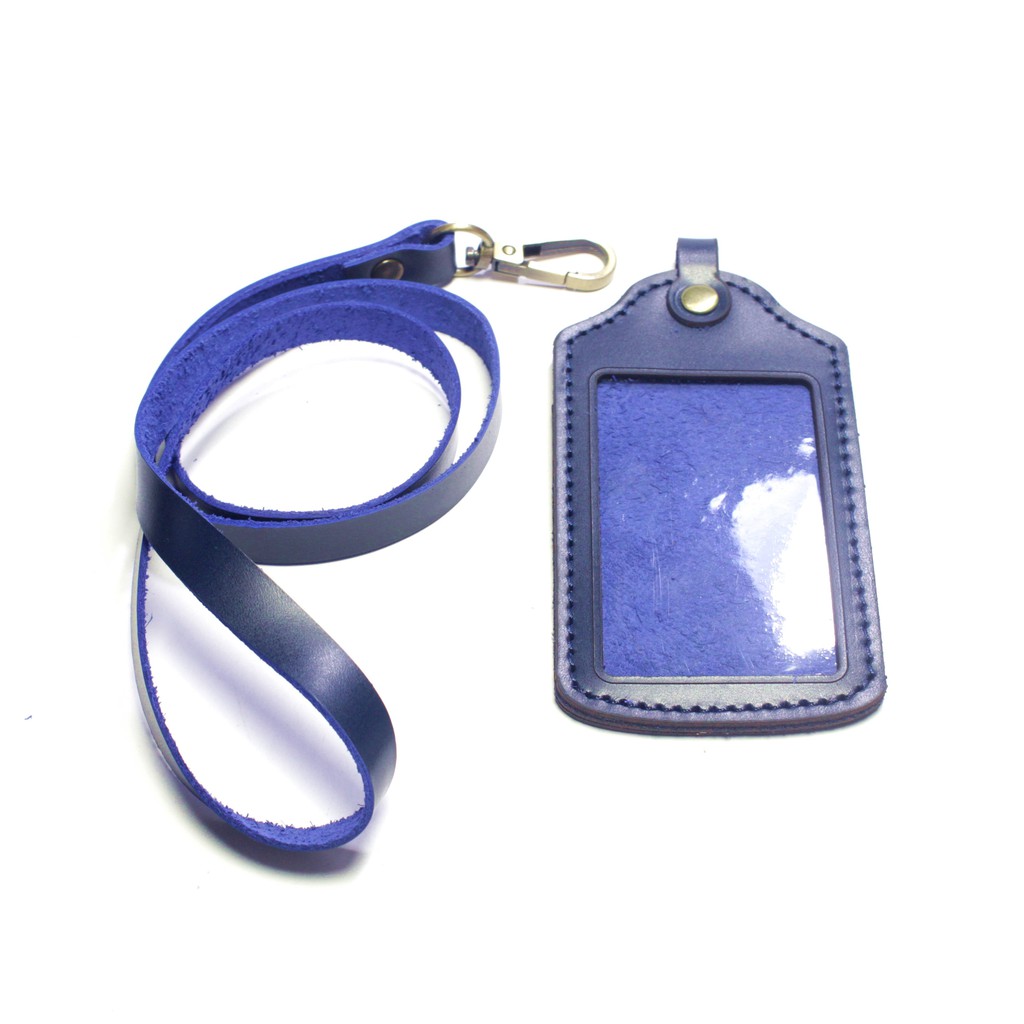 gantungan dompet ID card kulit biru - tali id card holder - PHID891