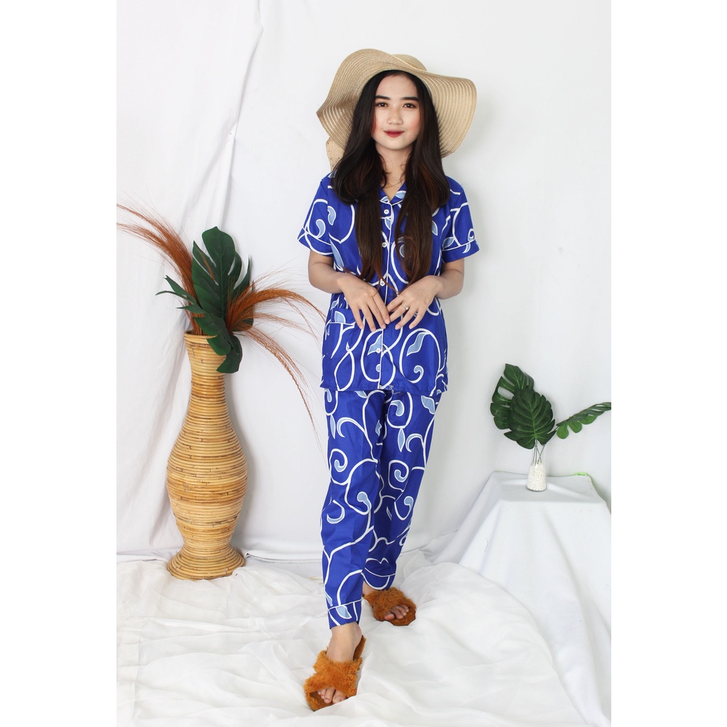 OKHISHOP - CP1 Piyama Pajamas CP Baju Tidur Piyama Wanita Dewasa Setelan CP Motif Trendy Karakter Kotak Guilen-CP Diandra Biru