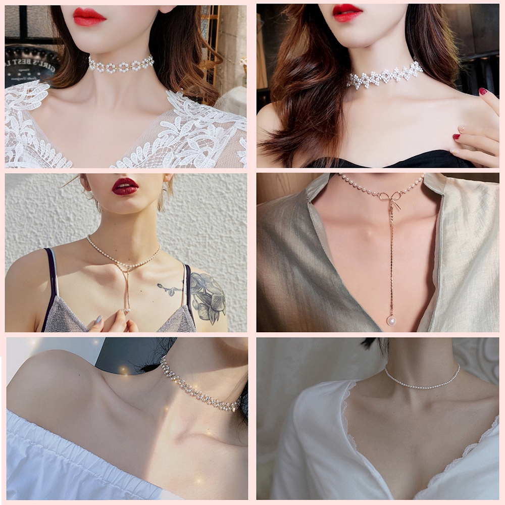 Mode Retro Bunga Mutiara Kalung Bow Knot Liontin Choker Rantai Chain Necklace Aksesoris Wanita Perhiasan