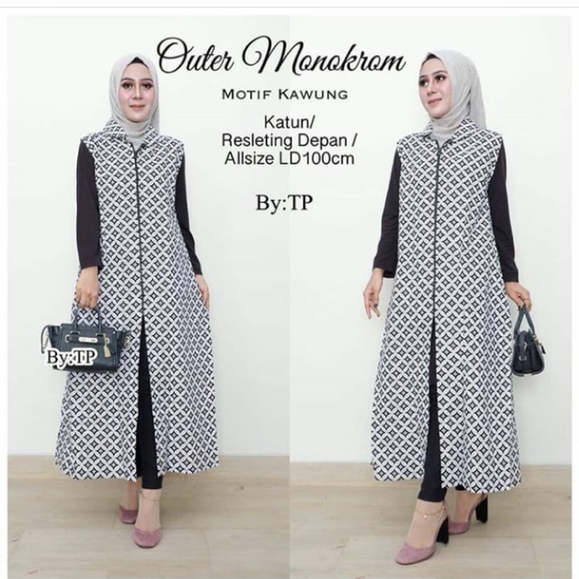 OUTER MONOKROM LONG CARDI KAWUNG BATIK MODERN RESLETING DEPAN RIT PANJANG MURAH CANTIK HIJAB