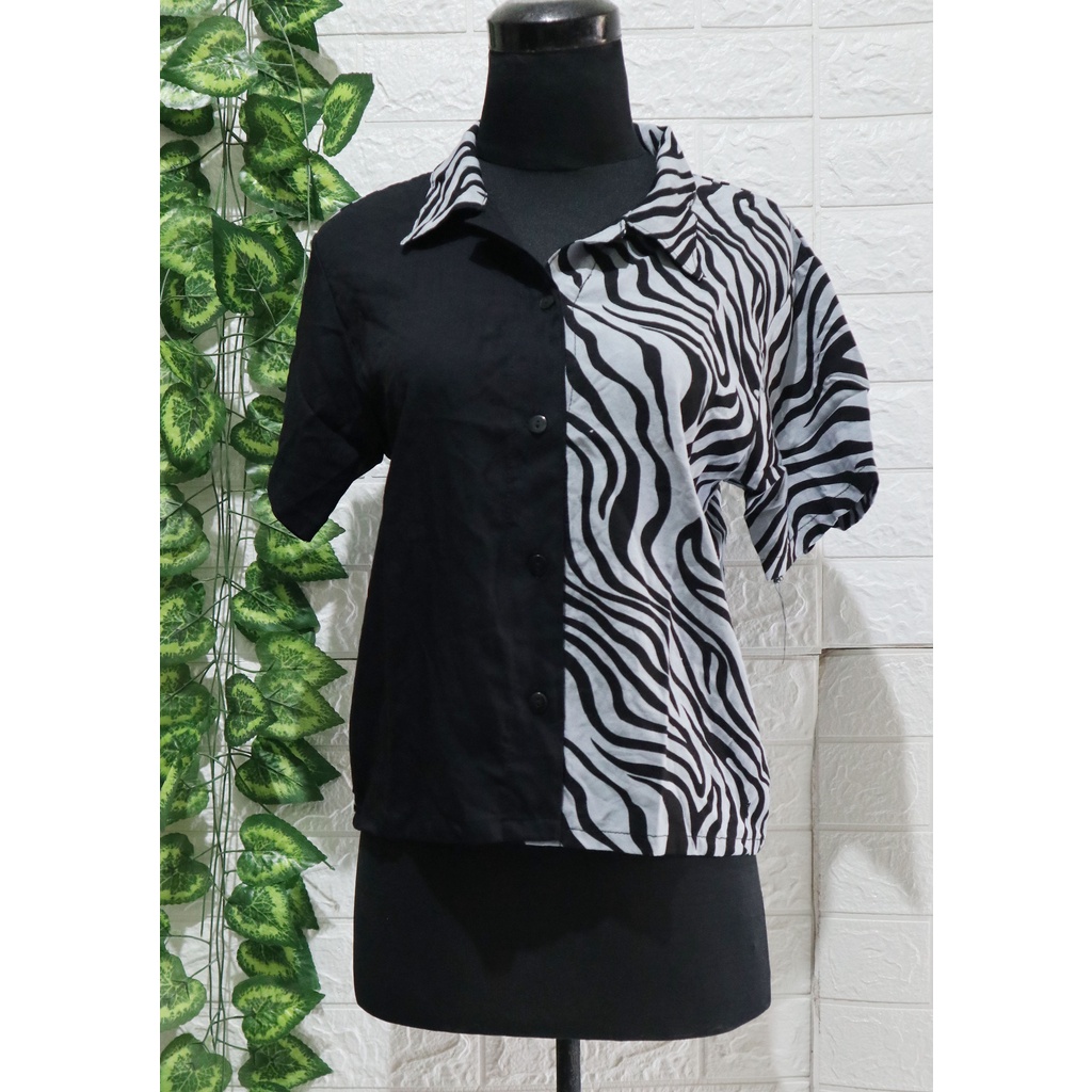 Baju Kemeja Wanita Two Tone Animal Kekinian / Kemeja dua warna / Top Wanita / Atasan Wanita-2