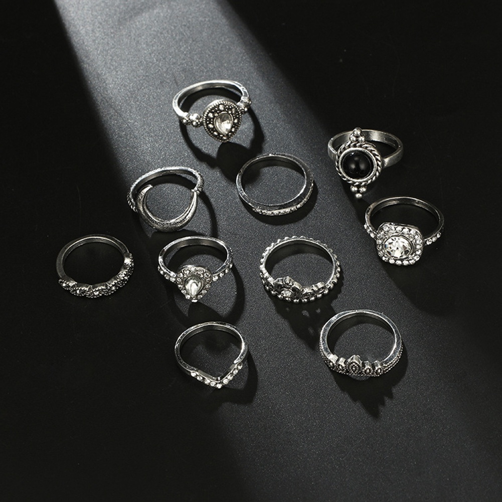 Hu Hu Hu Hu Hu Alat Bantu Pasang Kacamata♡ 10pcs Cincin Buku Jari Aneka Bentuk Warna Silver Gaya Vintage Untuk Wanita