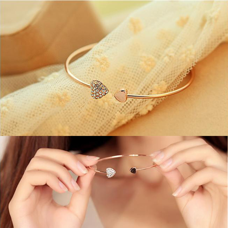 Korean Diamond Heart-shaped Love Bracelet Open Gold Silver Plated Bangles Jewelry