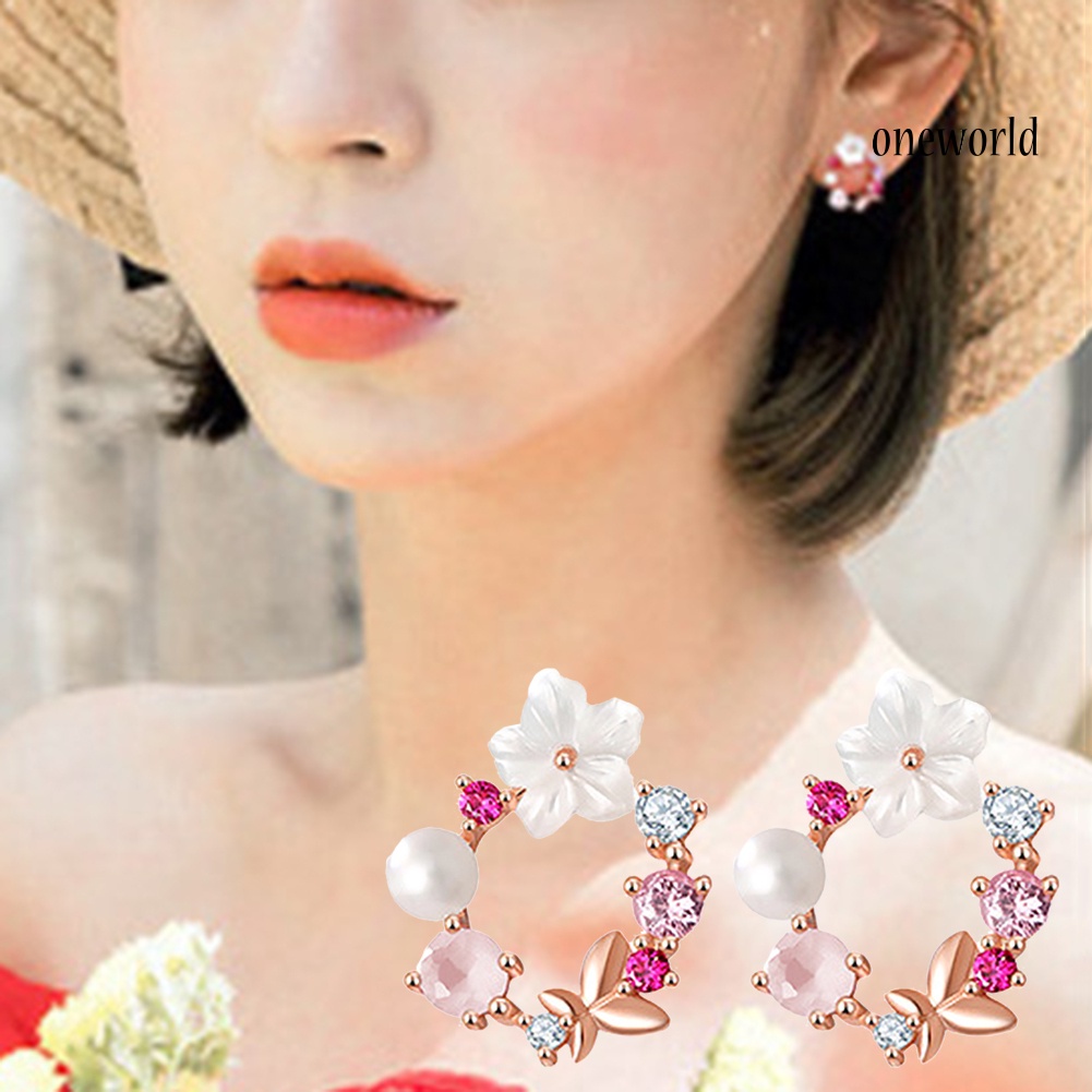 OW@ Women Flower Circle Heart Waterdrop Faux Pearl Rhinestone Inlaid Stud Earrings