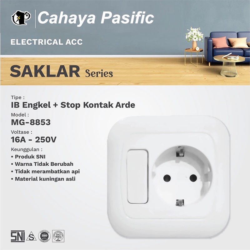 Morgen Saklar MG-8853 Engkel + Stop Kontak Arde Saklar Series SNI 16A - 250V Putih