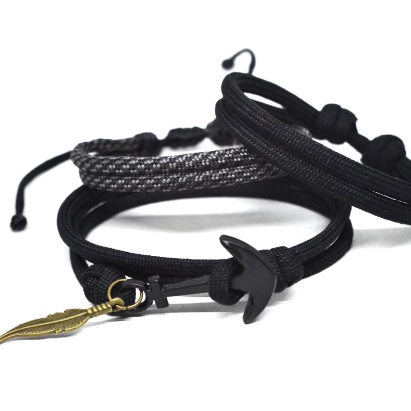 Gelang Pria Keren Cowok Laki Paket Set Prusik Paracord Hitam Black Premium