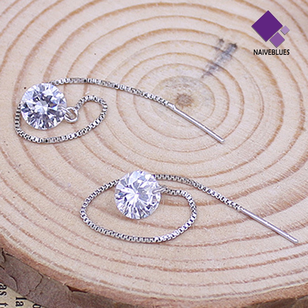 1 Pasang Anting Menjuntai Bentuk Bulat Bahan Cubic Zirconia Warna Silver Untuk Wanita