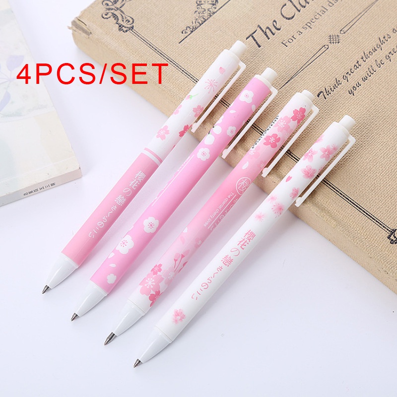 4pcs / Set Pulpen Gel Tinta Hitam Motif Bunga Sakura Pink Untuk Stationery Sekolah / Kantor