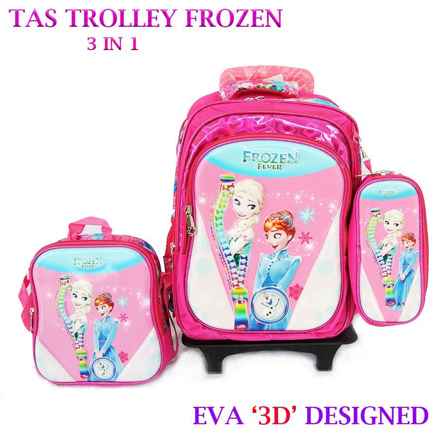 (RK)Tas Troli Anak Perempuan Sekolah SD SMP Tas Anak Frozen Elsa 3D 3in1 6 Roda Import
