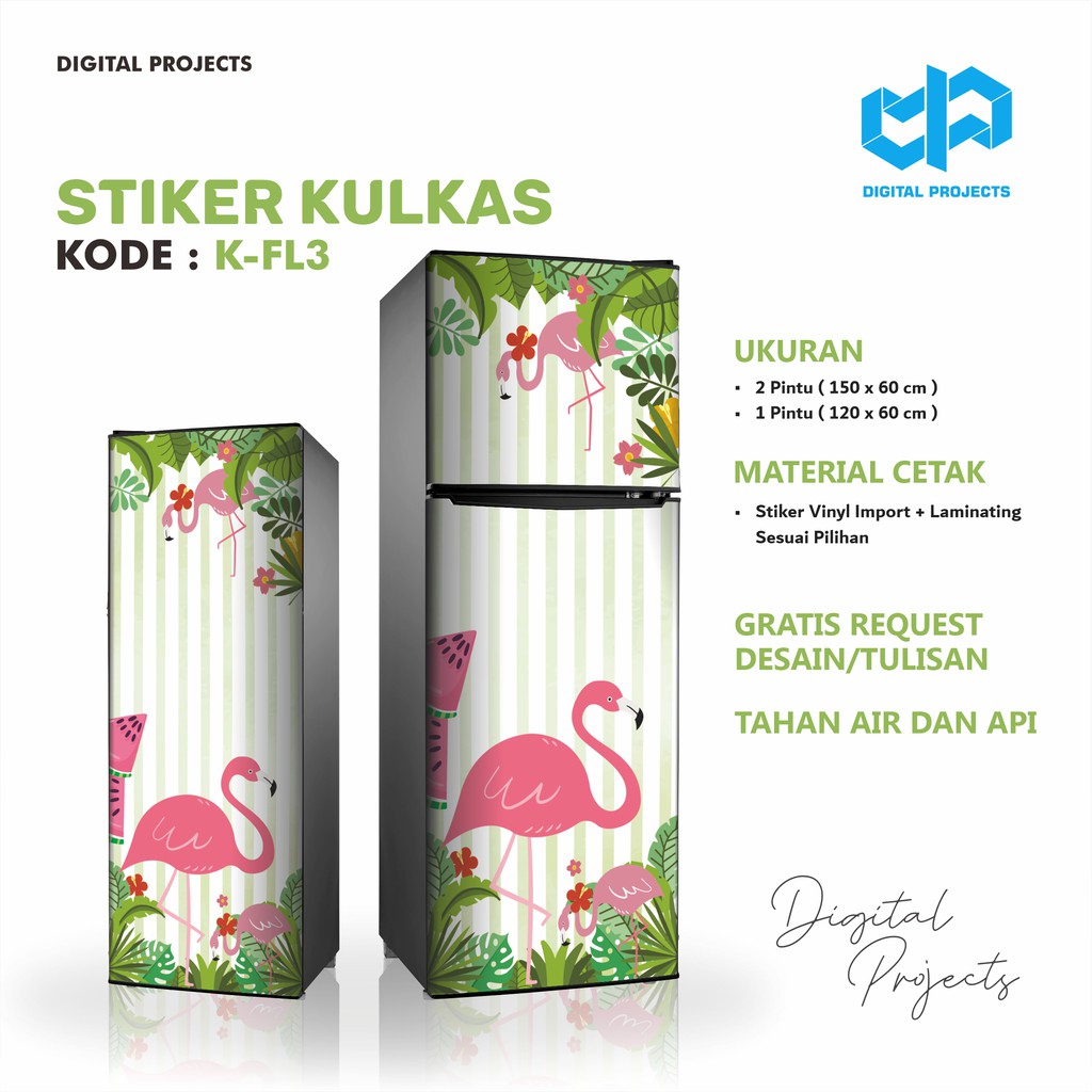  Stiker  Kulkas  CUSTOM 1 dan 2 Pintu motif Tropical Flamingo  