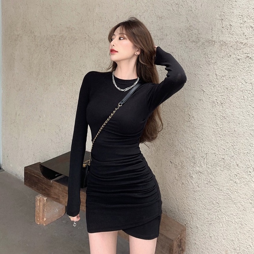 Long Sleeve Mini Dress Bodycon Dress Wanita Lengan Panjang 1130 (S-XL)