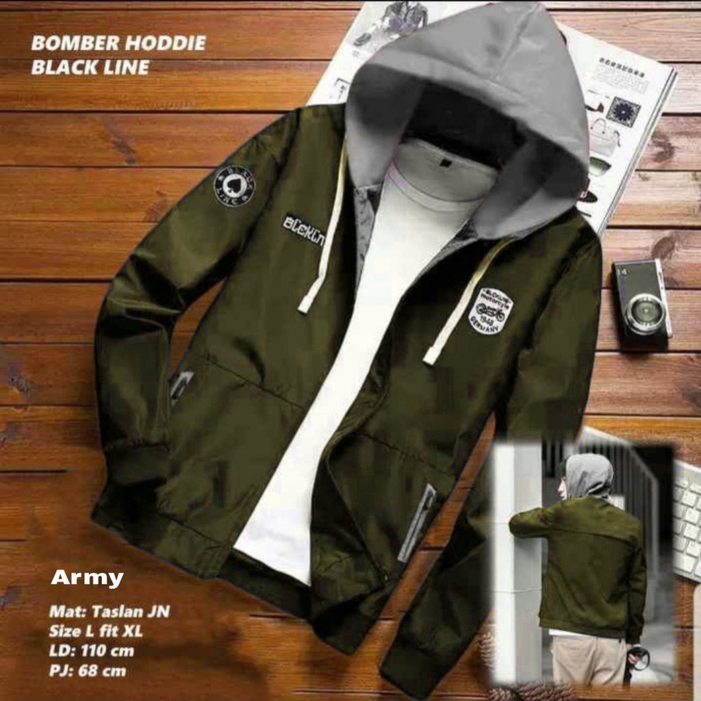 PREMIUM Jaket Bomber Hoodie Black line Pria Bahan Taslan import