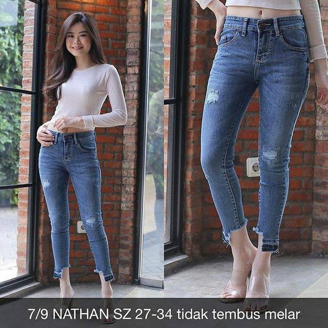  Celana  Jeans  Wanita  7 9 Nathan Ripped Sobek Skinny Stretch 