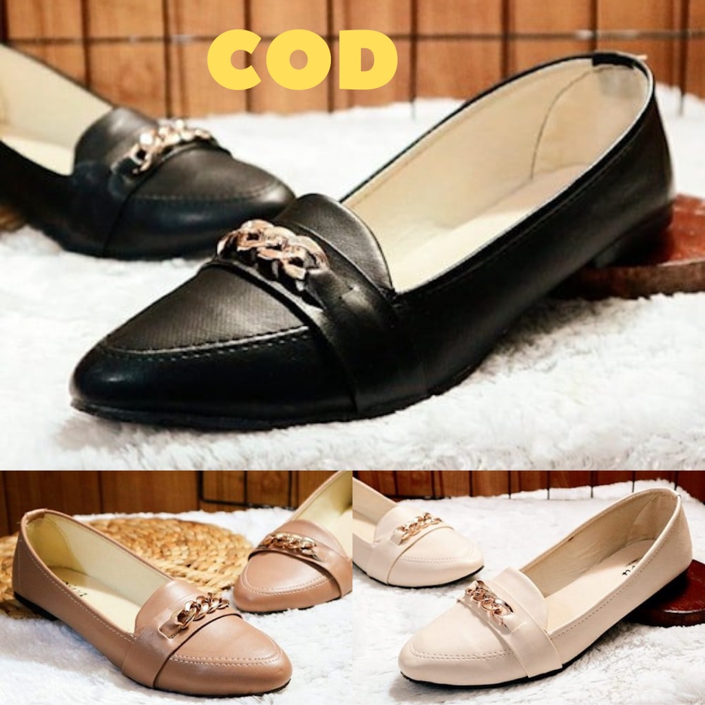Sepatu Kerja Wanita Kantoran Perempuan Flat Shoes Cantik Hitam Krem Mocca Cewek Ibu Guru PNS NT05 Da