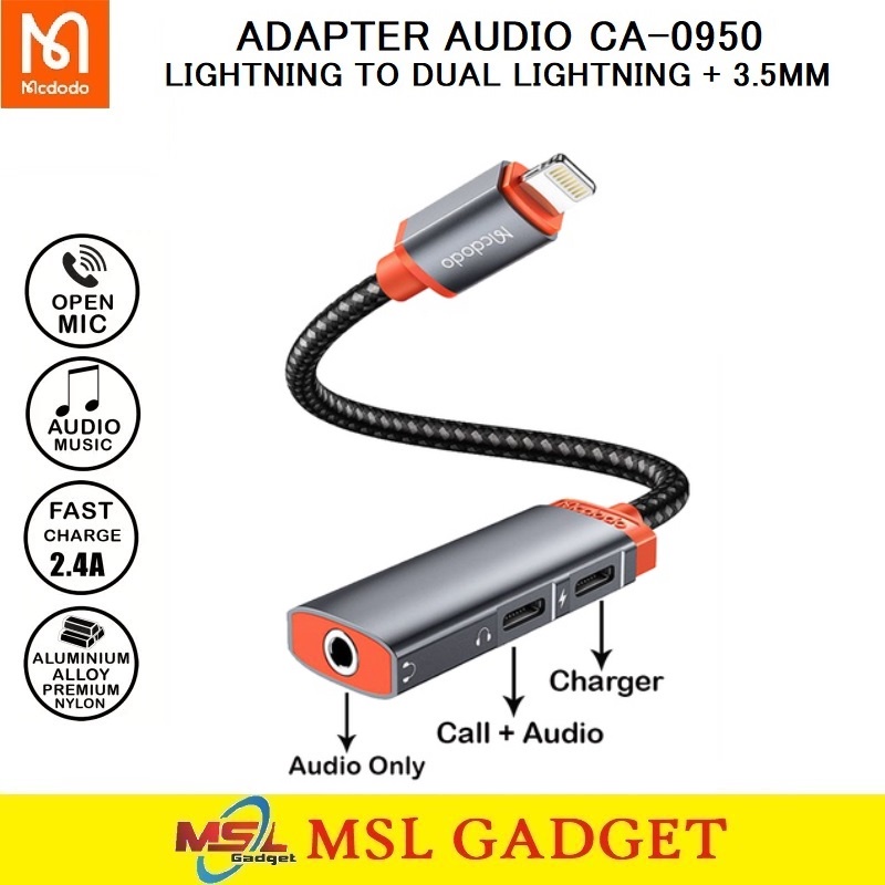 Mcdodo Adapter Audio Splitter iPhone Lightning to 3.5mm + Dual Lightning Open Mic CA-0950