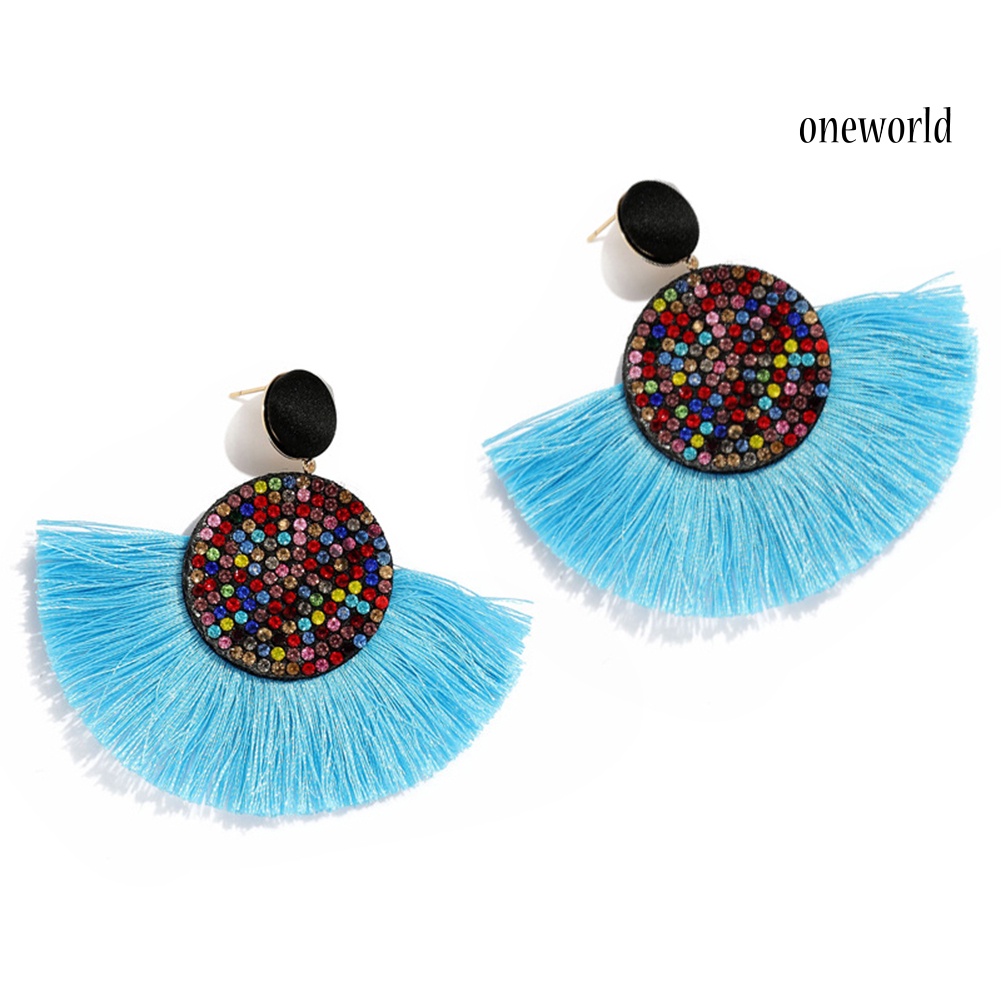 OW@ Bohemia Women Fan Shape Tassel Rhinestone Inlaid Ear Stud Earrings Jewelry Gift