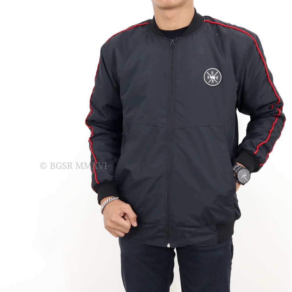 BGSR Jaket Bomber Bulat List Hitam Jaket Parasut Pria