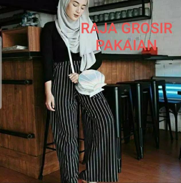 Kulot Panjang Scuba Salur Dewasa/Celana Kulot Panjang Strip Motif Salur