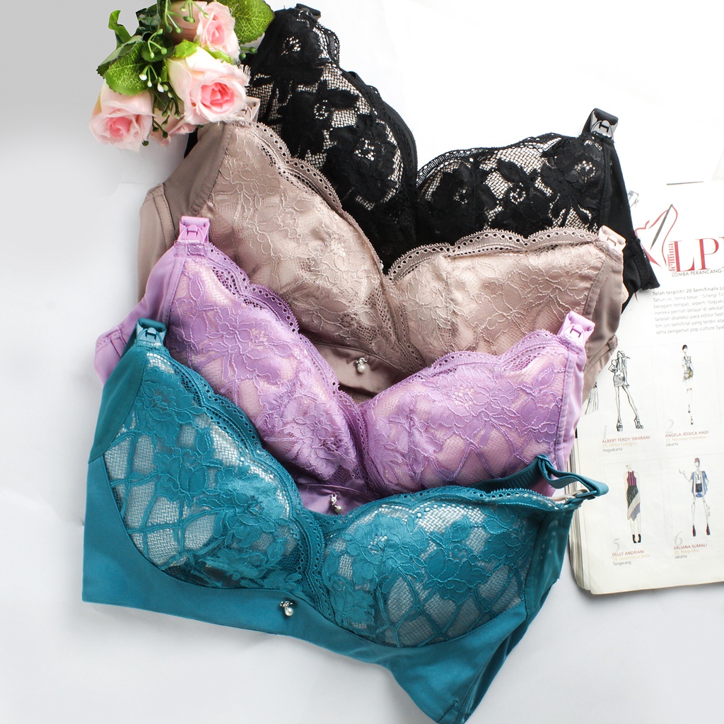 Bra BH Menyusui Sexy Tanpa Kawat Dengan Cup Renda Brokat Motif Bunga -1410