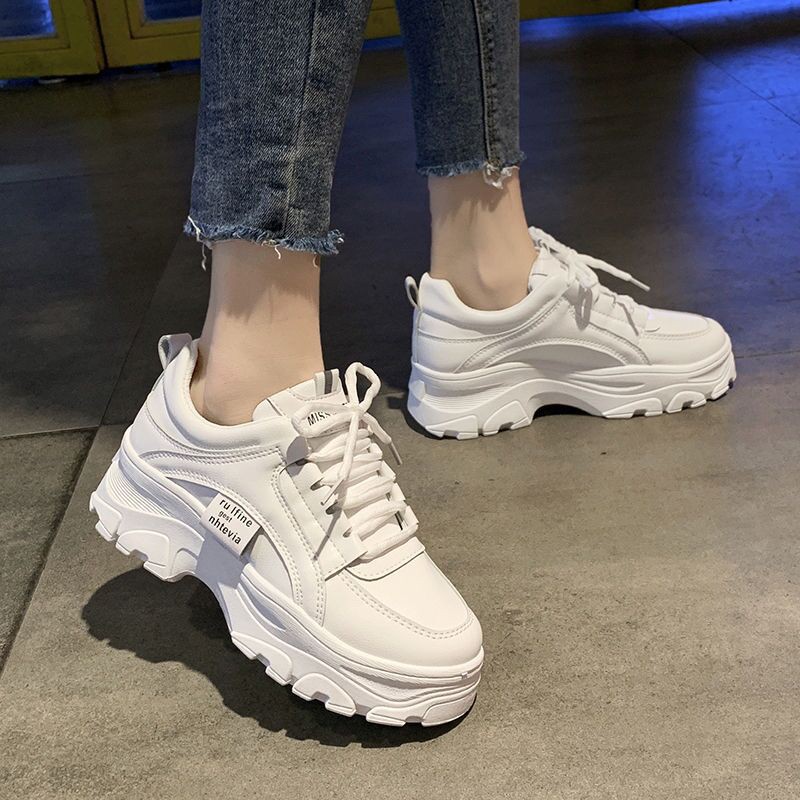 Sepatu Sneakers Wanita Putih Sneakers Tali Sepatu Wanita Casual Tinggi 5cm Fashionable Korean Style