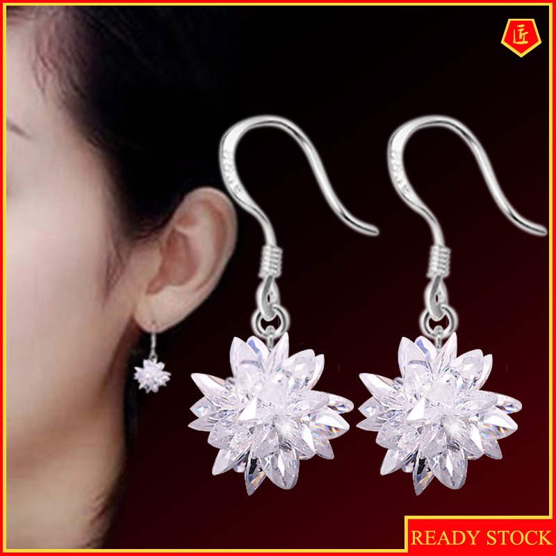 [Ready Stock]Elegant Silver Beautiful Ice Flower Earrings Women's