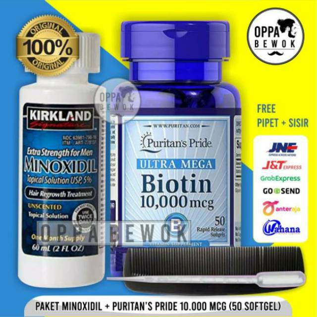 PAKET HEMAT MINOXIDIL DAN BIOTIN 10000 mcg ORIGINAL TERBARU ( penumbuh jambang, brewok, dan rambut)