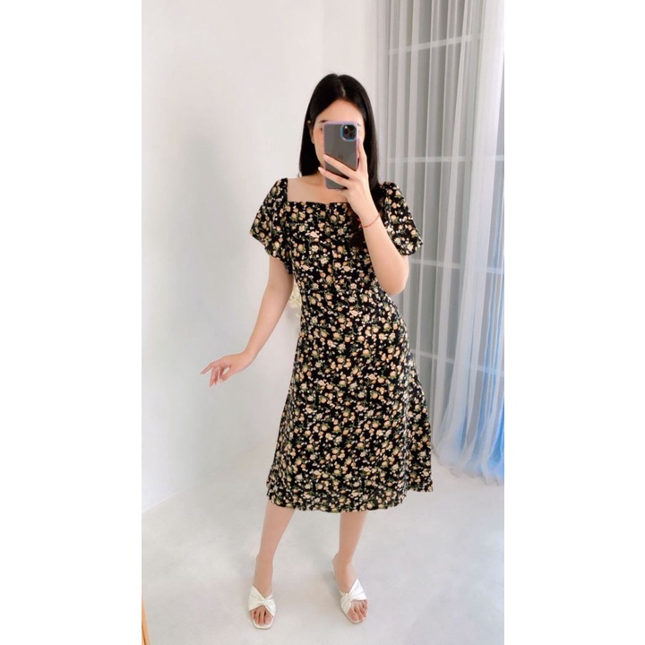 Daster Bali Murah Dress Joanna Motif Bunga Craspedia Untuk Jalan Jalan dan Santai
