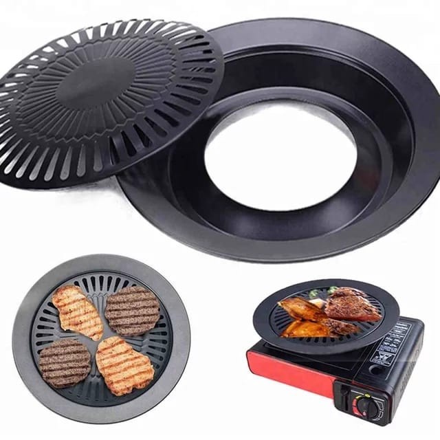 Korean BBQ Grill Pan 32cm Aluminium - Alat Pemanggang - BBQ Grill Pan Bulat Wajan Teflon Besi Panggangan BBQ