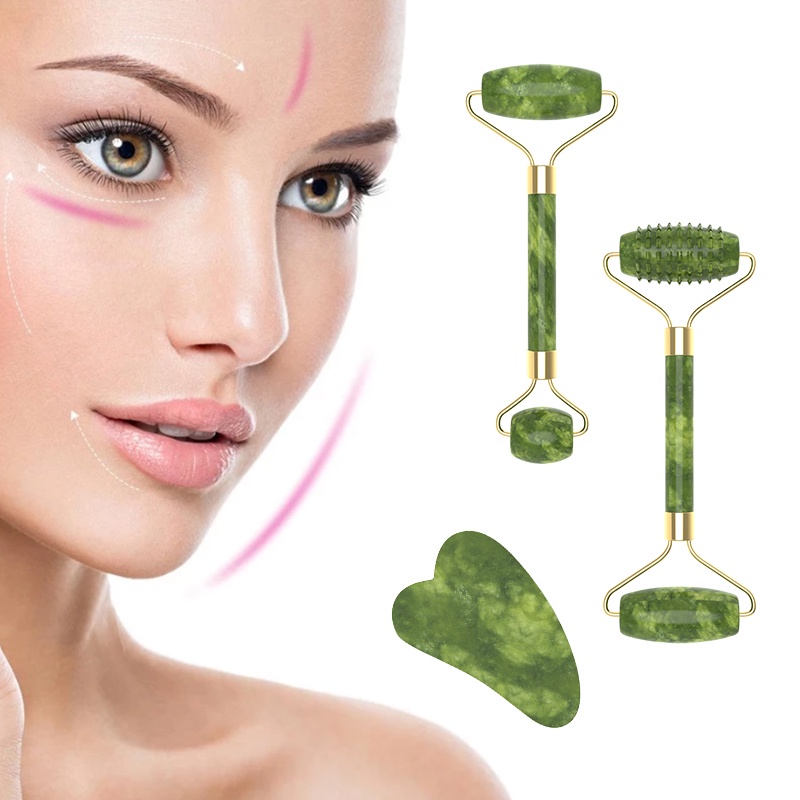 [100% Asli] Jade Roller &amp; Gua Sha Face Roller / Alat Pijat Muka Wajah Facial Massager / Pengencang Terapi