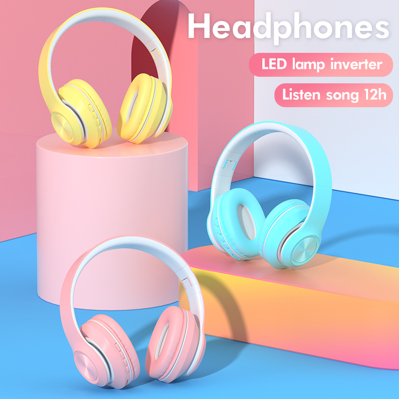 Headset Bluetooth Macaron Wireless HiFi  Headphone Stereo Dengan Lampu LED Warna Warni