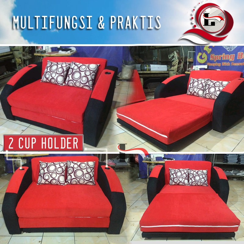 Sofa Single Bed Santai + Cup Holder (Multifungsi & Minimalis) | Black red. Sofa Bed