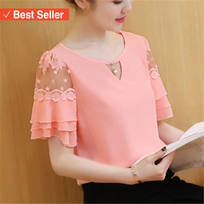 Blouse Wanita Modern Hits Kekinian / Atasan Blus O-Neck Lengan Pendek Flare Model Renda, Ukuran