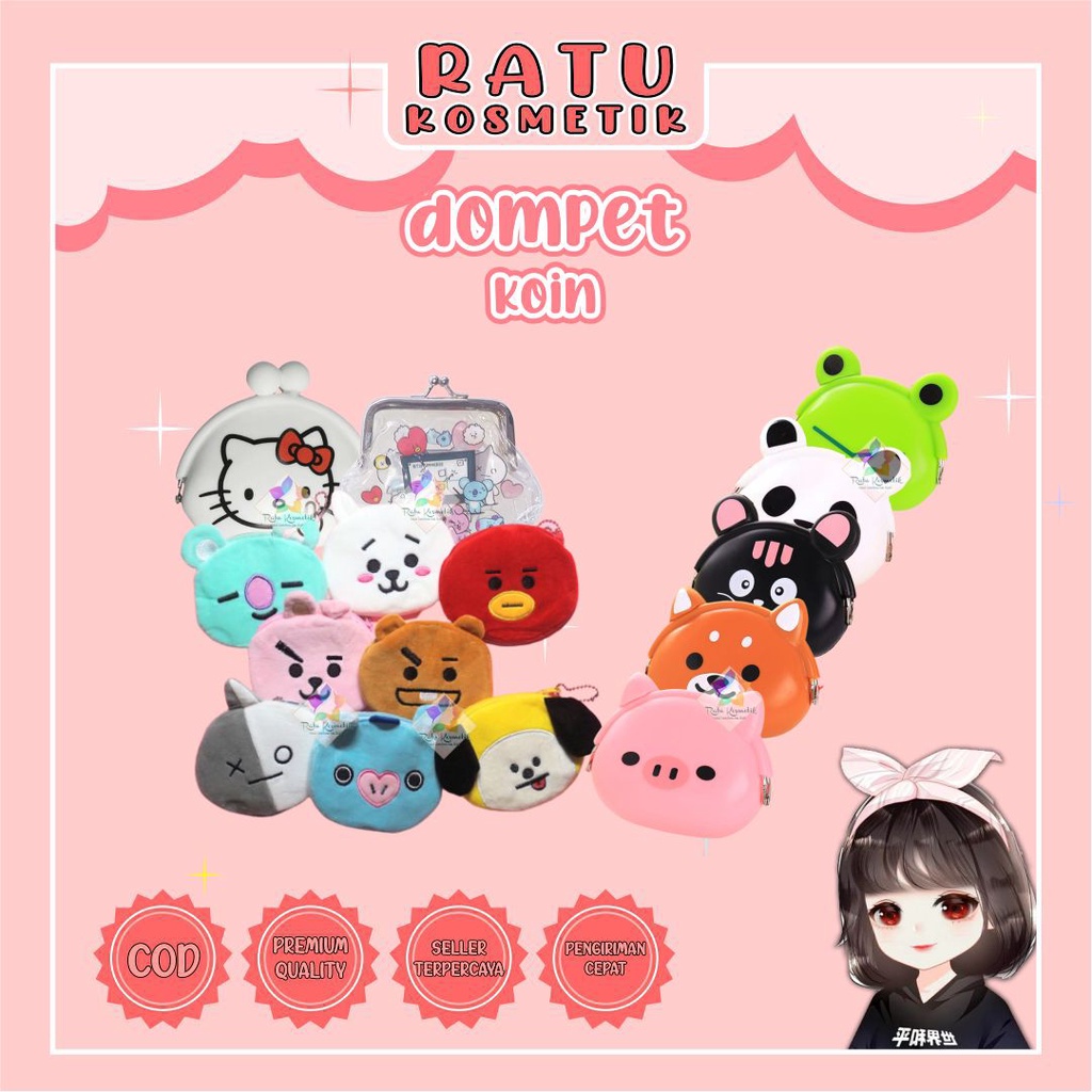 ❤ RATU ❤ Dompet Koin Silicone Karakter | Silikon Hello Kitty | Kain BTS | Plastik Transparan