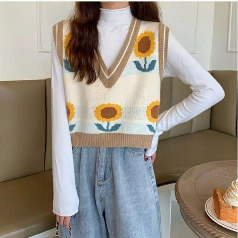 Retro Sunflowers Vest matahari Wanita Korean