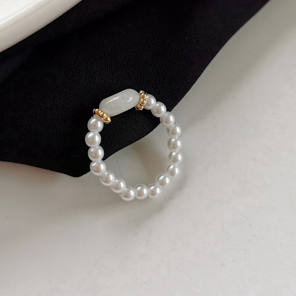 Cincin Knuckle Midi Elastis Adjustable Hias Manik-Manik Mutiara Imitasi Gaya Vintage Untuk Wanita