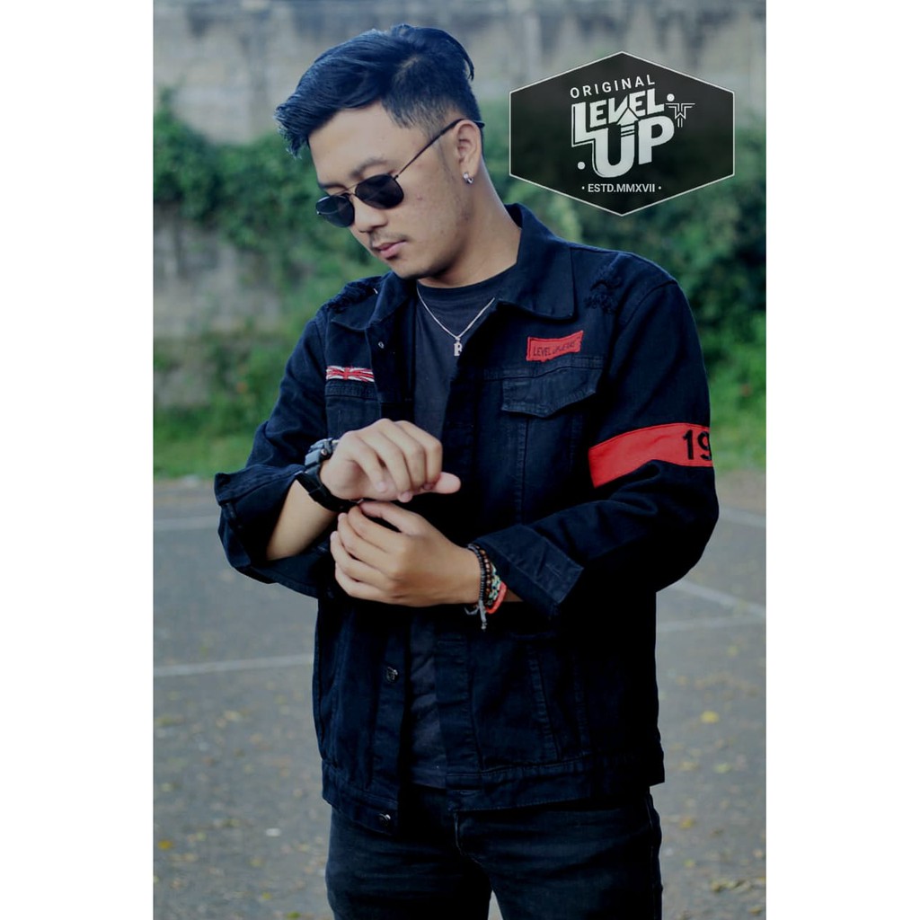 PROMO JAKET JEANS PRIA MURAH LEVEL UP JAKET DENIM COWOK KEREN RESLETING JAKET JEANS BORDIR EMBLEM TEMPEL SOBEK ORIGINAL