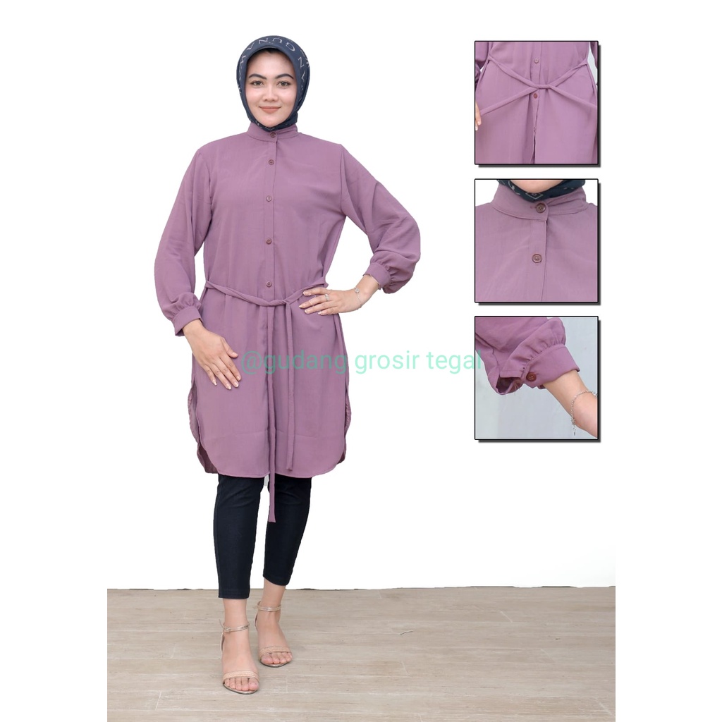 KEMEJA TUNIK POLOS JUMBO WANITA / KEMEJA TUNIK CRINGKLE AIRFLOW TALI PINGGANG L XL XXL