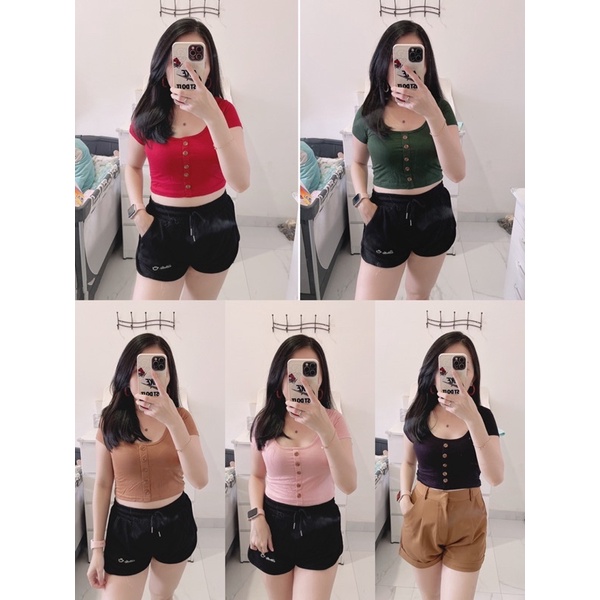 croptop kancing depan wanita.croptop button polos cwe spandek.atasan crop miurah